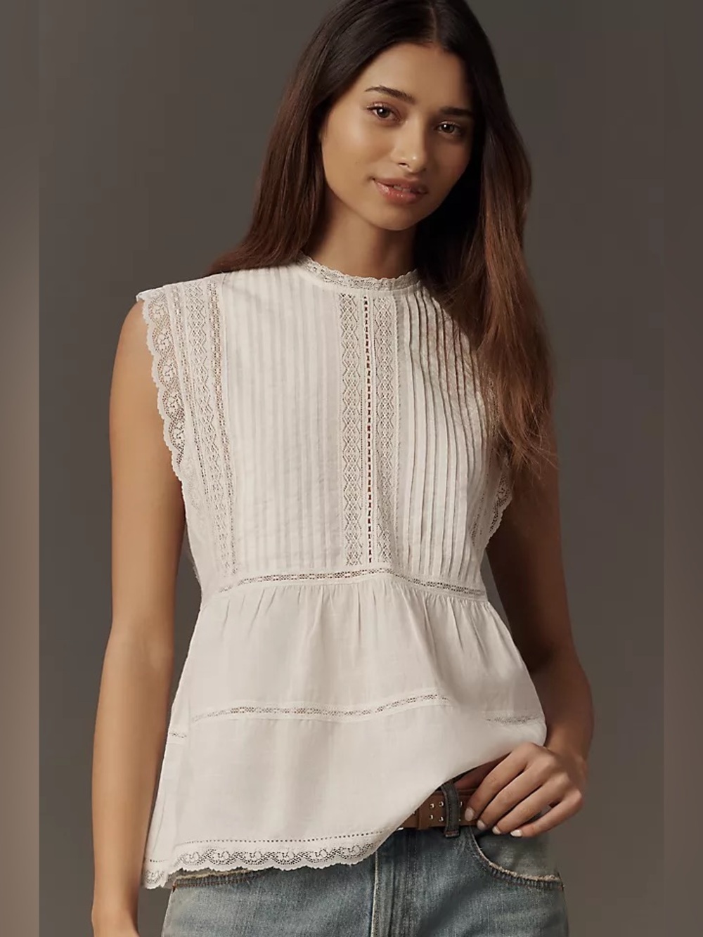 new The Great Sonnet lace inset cotton voile sleeveless blouse in true white - Picture 2 of 9
